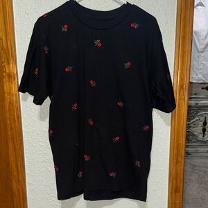 Eighty Eight Black Tee with Red Rose Pattern